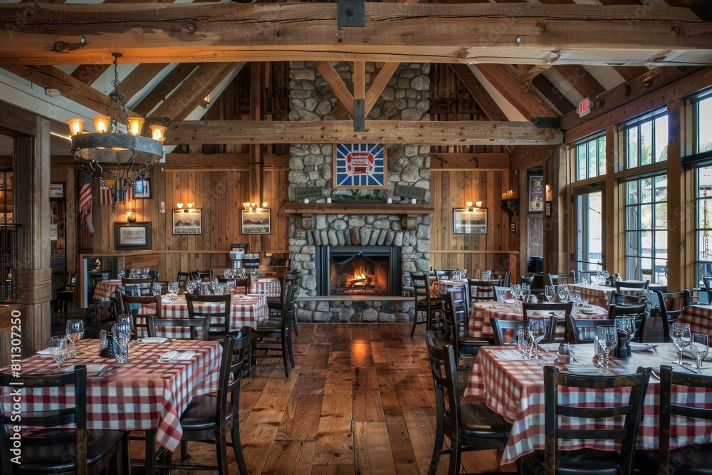A rustic farmhouse-style dining room featuring tables, chairs, and a fireplace, A rustic farmhouse-style restaurant with exposed wooden beams and a stone fireplace A rustic farmhouse-style dining room featuring tables, chairs, and a fireplace, A rustic farmhouse-style restaurant with exposed wooden beams and a stone fireplace