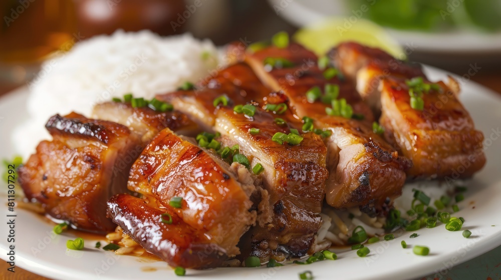 Crispy Filipino Lechon Kawali with White Rice. Delicious Plate of Fried Pork Meat - A Filipino