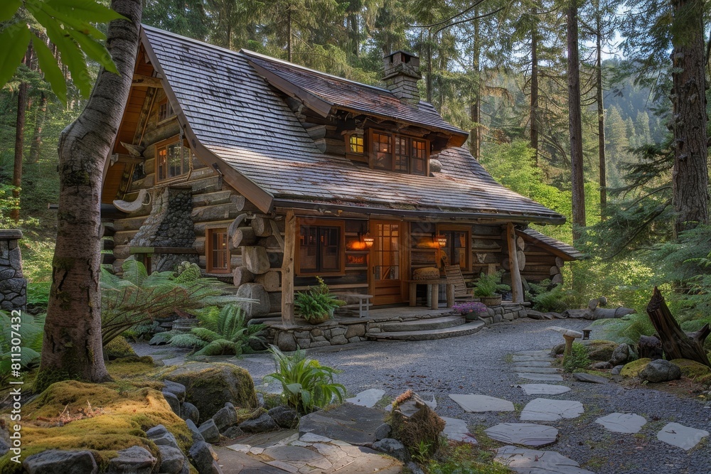 A log cabin surrounded by trees in a dense forest setting, A rustic log cabin nestled in the woods