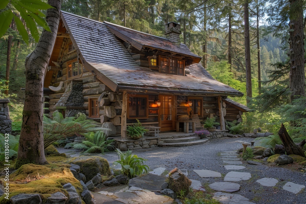 A log cabin surrounded by trees in a dense forest setting, A rustic log cabin nestled in the woods A log cabin surrounded by trees in a dense forest setting, A rustic log cabin nestled in the woods