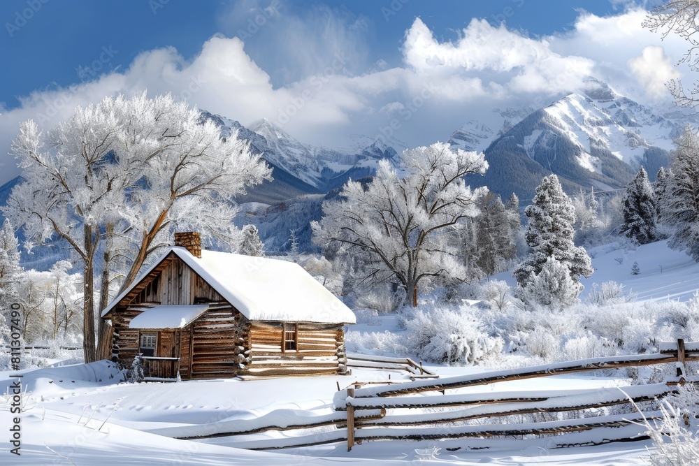 A log cabin sits in snowy terrain, framed against towering mountains in the distance, A rustic log cabin tucked away in a snowy mountain landscape