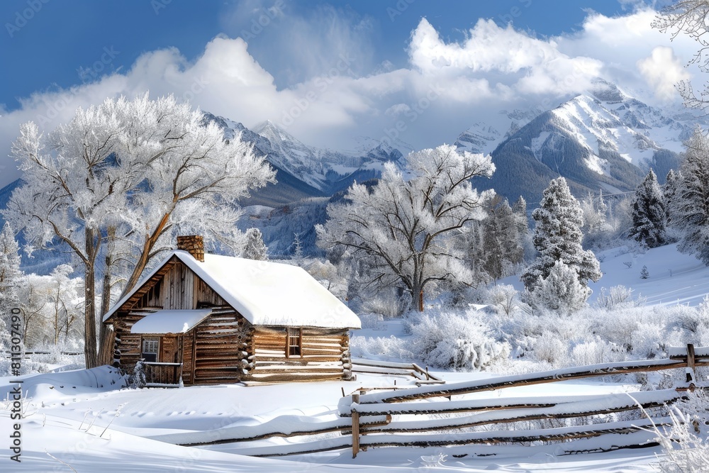 A log cabin sits in snowy terrain, framed against towering mountains in the distance, A rustic log cabin tucked away in a snowy mountain landscape A log cabin sits in snowy terrain, framed against towering mountains in the distance, A rustic log cabin tucked away in a snowy mountain landscape