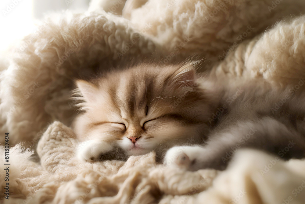 small fluffy kitten sleeps in a soft light blanket small fluffy kitten sleeps in a soft light blanket