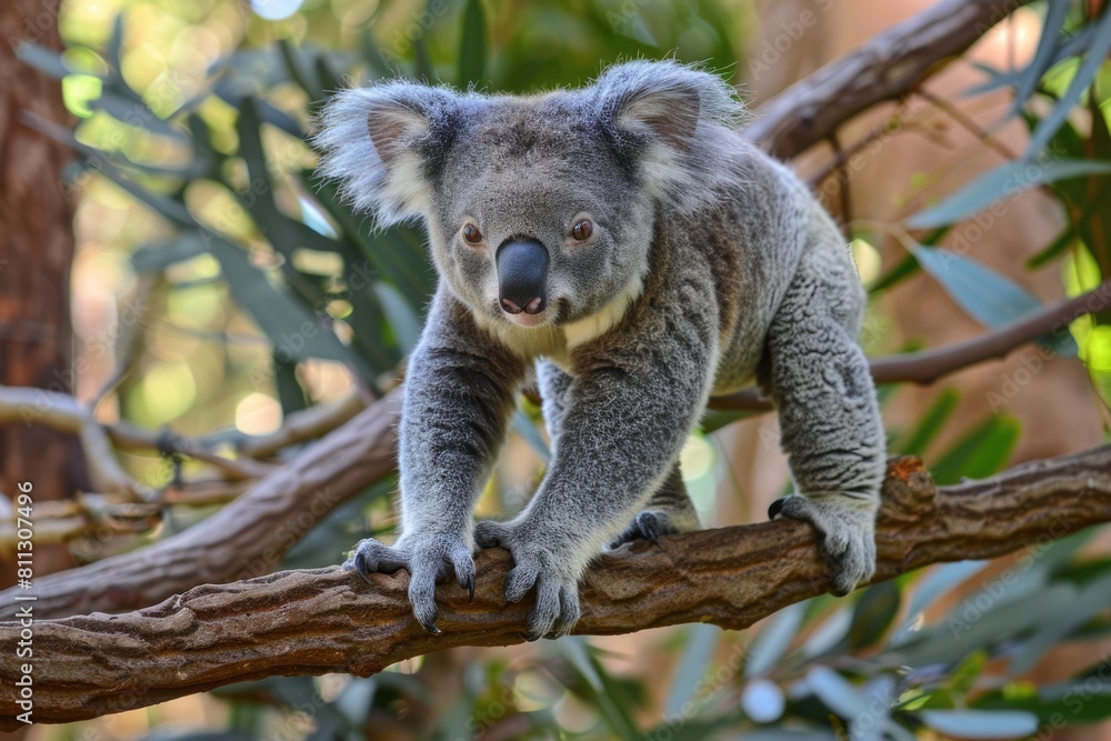 Obraz premium Cute Koala Walking on Eucalyptus Tree Branch in Australian Outback - Endangered Species of Australia