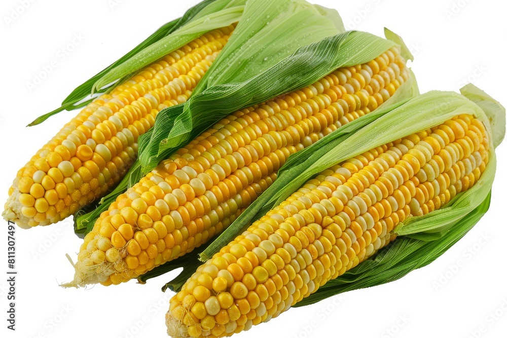 Three corn cobs with bright green husks, isolated on white, versatile for healthy eating and agricultural concepts Three corn cobs with bright green husks, isolated on white, versatile for healthy eating and agricultural concepts