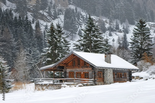 A cozy log cabin situated in the midst of a snowy mountain landscape, A rustic log cabin tucked away in a snowy mountain landscape © Iftikhar alam