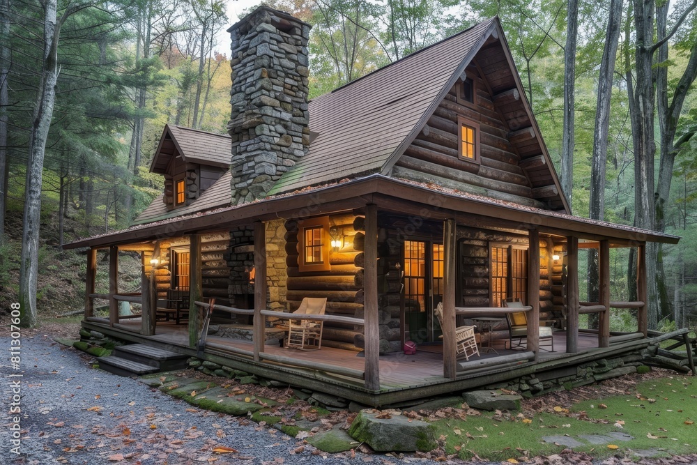 A log cabin nestled in the woods featuring a stone chimney on a sunny day, A rustic log cabin with a stone fireplace and wraparound porch A log cabin nestled in the woods featuring a stone chimney on a sunny day, A rustic log cabin with a stone fireplace and wraparound porch