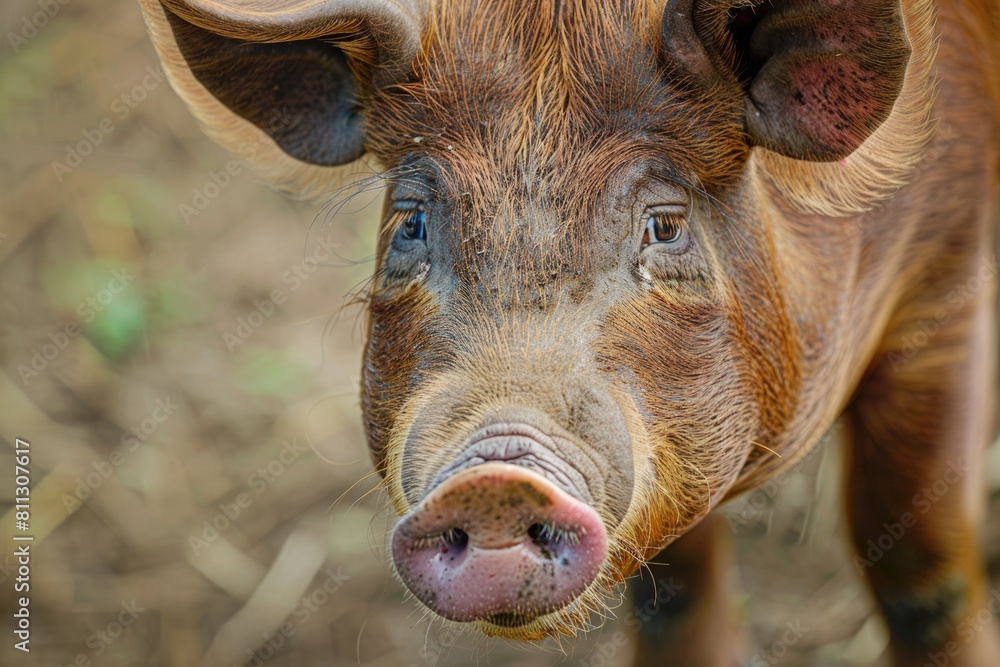Closeup Shot of a Brown Duroc Pig on a Farm Field with Natural Background. Image captured Closeup Shot of a Brown Duroc Pig on a Farm Field with Natural Background. Image captured