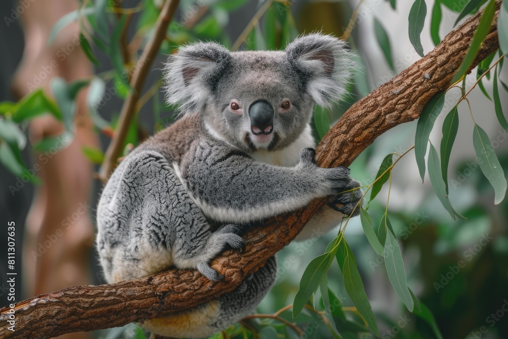 Fototapeta premium Cute Koala Walking on Eucalyptus Tree Branch - Endangered Australian Species in the Outback