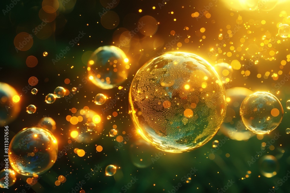 Golden soap bubbles are digitally enhanced with highlights and vivid bokeh lights against a blurred background Golden soap bubbles are digitally enhanced with highlights and vivid bokeh lights against a blurred background
