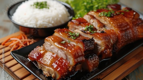 Crispy Filipino Lechon Kawali with White Rice on a Plate. Asian Cookery Delight of Pork Meat Fry photo