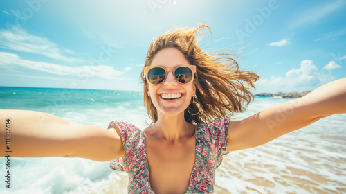 Linda mulher tirando selfie na praia - wallpaper HD photo