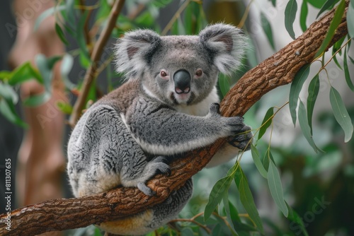 Cute Koala Walking on Eucalyptus Tree Branch - Endangered Australian Species in the Outback