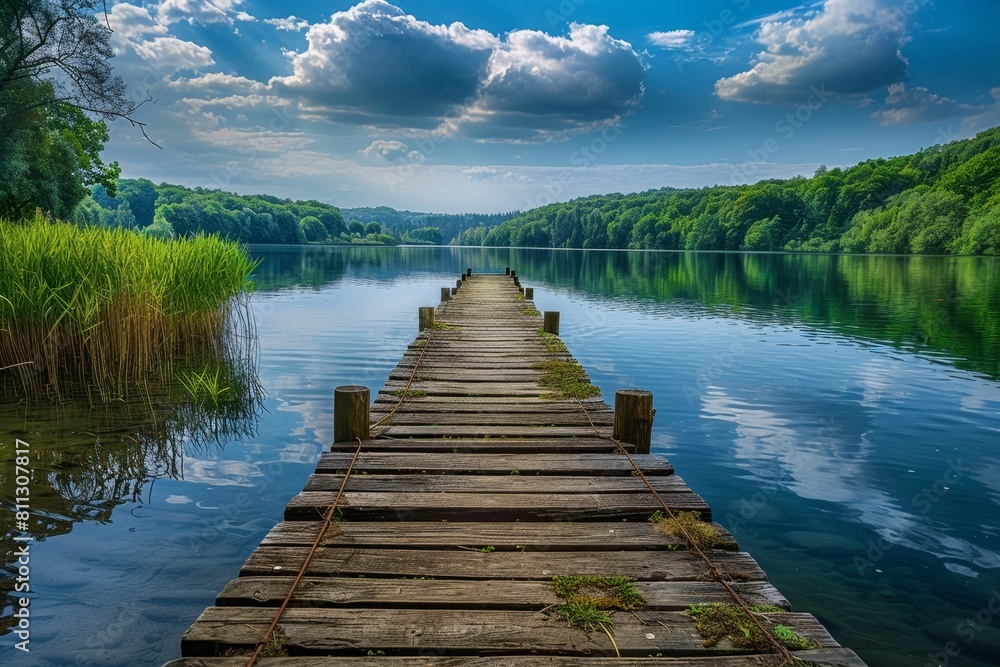 A rustic wooden dock extends into a calm lake surrounded by nature, A rustic wooden dock stretching out into a peaceful river