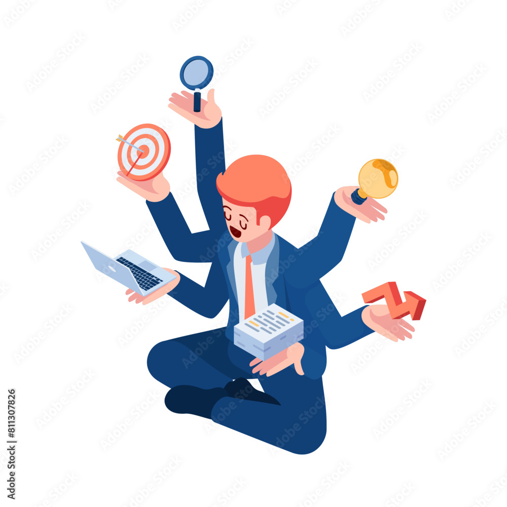 Isometric Businessman Doing Many Tasks at The Same Time Isometric Businessman Doing Many Tasks at The Same Time