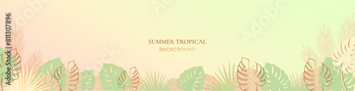 Summer banner with tropical leaves. Tropical background. Vector illustration in pastel colors with gold