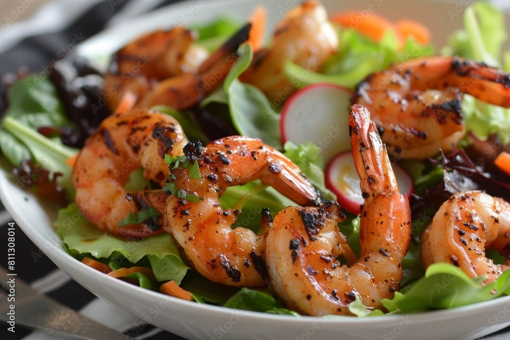 A white bowl containing salad topped with grilled shrimp and tangy dressing, A salad topped with grilled shrimp and a tangy dressing A white bowl containing salad topped with grilled shrimp and tangy dressing, A salad topped with grilled shrimp and a tangy dressing