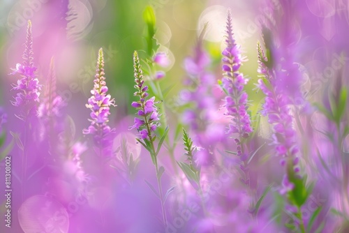 Beautiful Purple Physostegia Virginiana Wildflowers in North American Prairie. Macro View photo