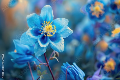 Beautiful Colorado Blue Columbine at Full Bloom: A Closeup of Colorful Botany Beauty on Blue photo