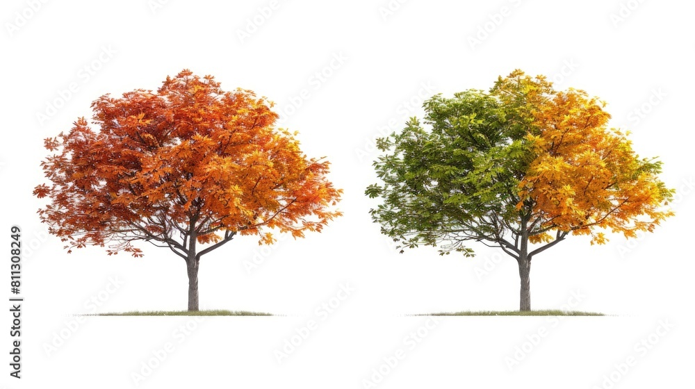 Bigleaf Maple and Japanese Maple Trees Isolated on White Background. Green Canopies and Trunks