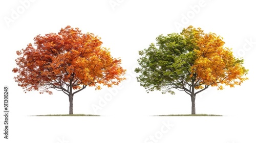 Bigleaf Maple and Japanese Maple Trees Isolated on White Background. Green Canopies and Trunks