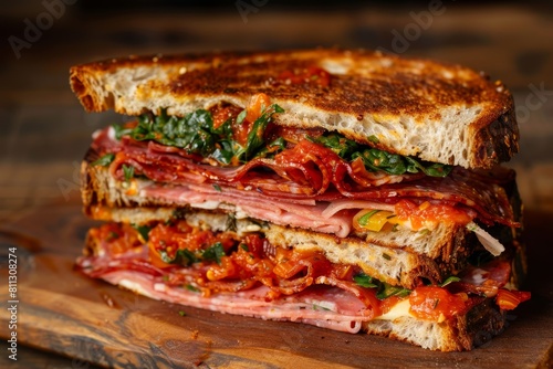 A sandwich sliced in half resting on a wooden board  A sandwich that evokes a sense of nostalgia through its presentation
