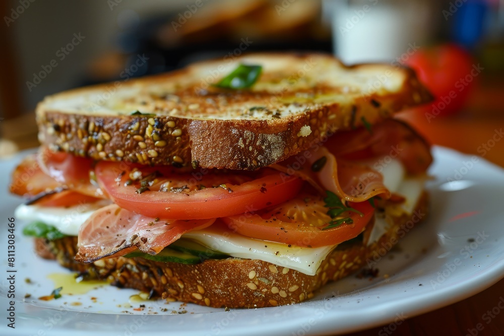 A close-up view of a sandwich resting on a white plate, A sandwich that is as equally enjoyable when enjoyed hot or cold A close-up view of a sandwich resting on a white plate, A sandwich that is as equally enjoyable when enjoyed hot or cold