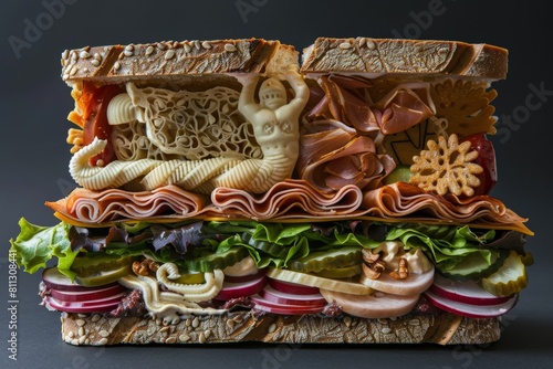 A sandwich made from various types of food ingredients stacked between two slices of bread, A sandwich that invites the viewer to take a closer look at its intricate details and designs