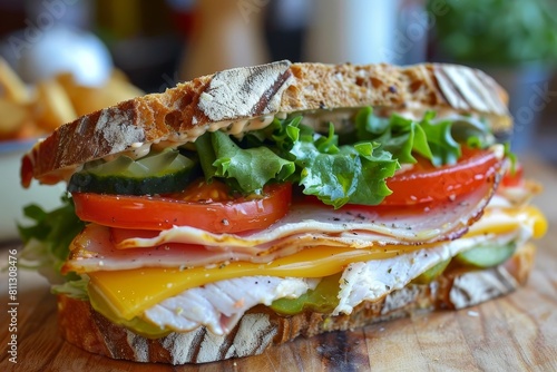 A close-up view of a sandwich placed on a wooden cutting board, A sandwich that is as equally enjoyable when enjoyed hot or cold