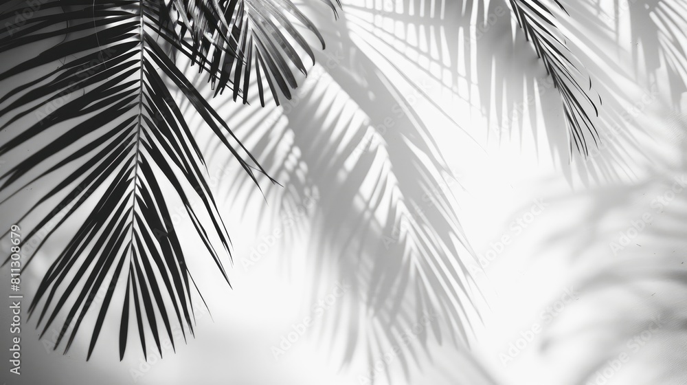 Obraz premium Shadow of palm leaves creating an abstract white background on the wall Blurred palm leaf shadow on a white surface