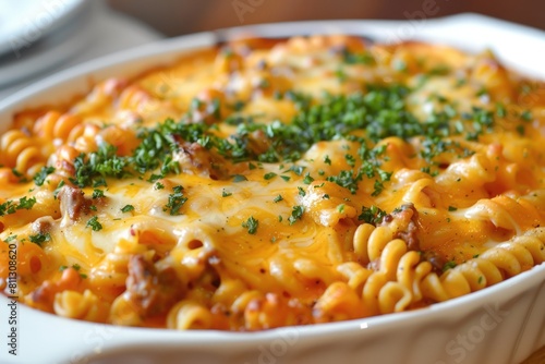 Cheesy Homemade Chili Mac and Cheese Casserole with Beef and Creamy Background - A Delicious