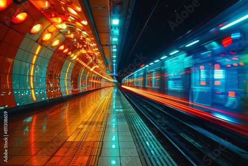 High-speed train blurring by in a neon-lit futuristic station, illustrating modern transit