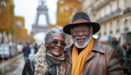 Elderly Lovebirds Joyful Senior Couple Enjoying Autumn in Paris. Embrace with Eiffel Tower Background. Golden Years: Romantic Stroll Along River Bank. Happy retirement, success investments concept.