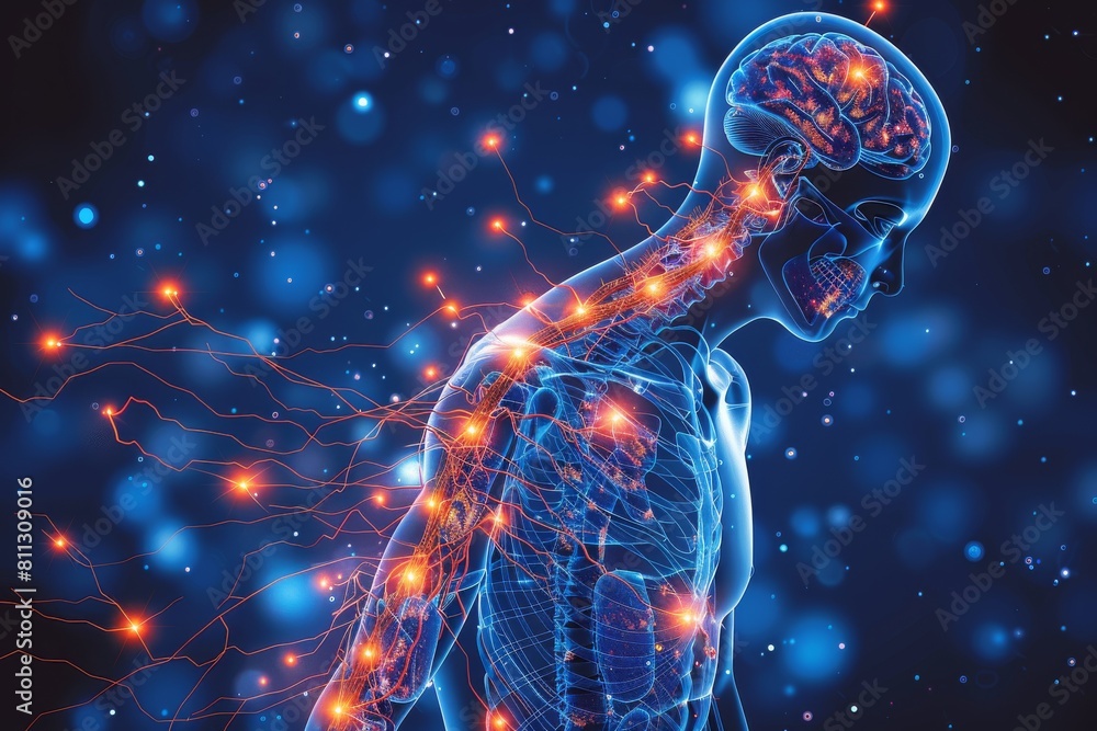 Digital composite image of a man's silhouette with a neural network and brain activity visualization Digital composite image of a man's silhouette with a neural network and brain activity visualization