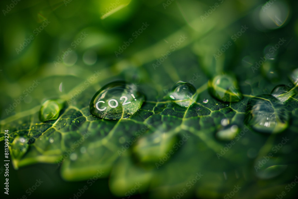 Co2 and water droplet hanging from the edge of a green leaf Co2 and water droplet hanging from the edge of a green leaf