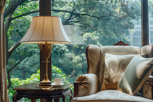 A luxurious and elegant lamp in the living room, casting soft light on plush armchairs in the style of window with view of lush green trees outside,creating an atmosphere of comfort and sophistication photo