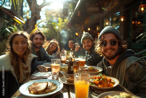 Young friends enjoying a weekend brunch together at an outdoor cafe