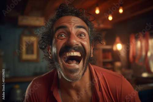 Expressive Man with Wild Hair and Mustache Making a Face