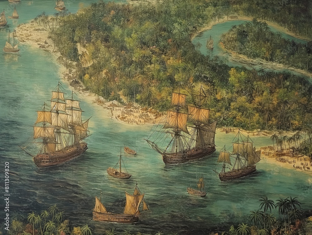 A painting of a group of ships sailing in the ocean. The painting is full of detail and color, and it gives the impression of a lively and bustling scene. The ships are of various sizes