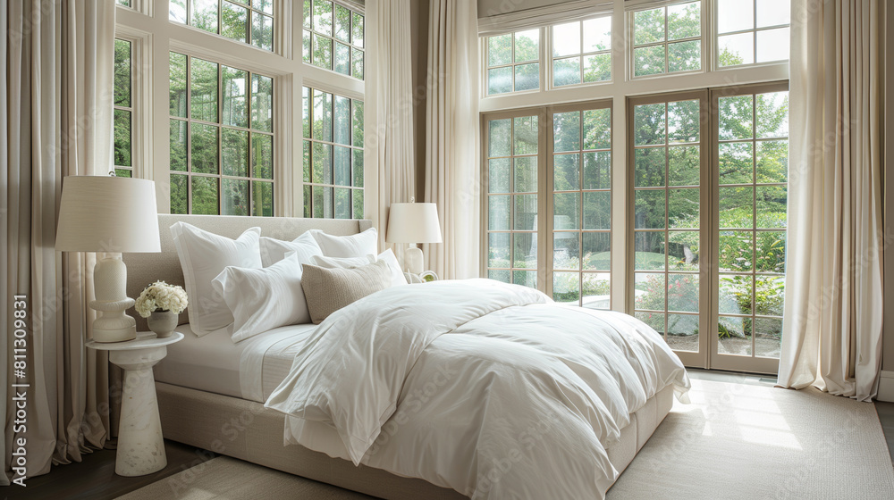 Elegant Bedroom With Large Windows And Lush View Elegant Bedroom With Large Windows And Lush View