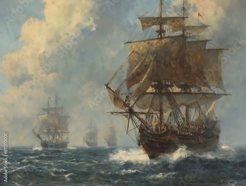 A painting of a large ship with a white flag and the word 