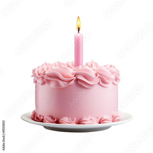 pink birthday cake with one candle isolated on transparent background