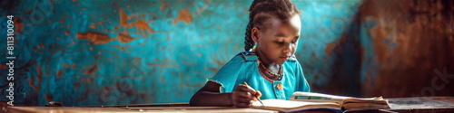 Child studying books in an African school with hope for the future. International Day of the African Child. ?ultural presentations, diverse community poster, Access to Education concept