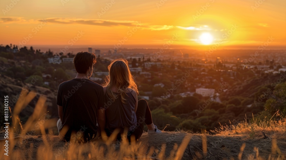 Fototapeta premium Couple Enjoying Sunset Over Urban Skyline