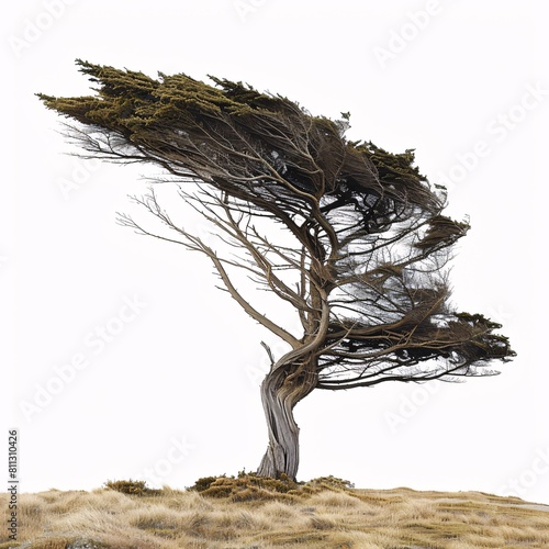 Tree bending gracefully from right to left, undeterred by the strong winds photo