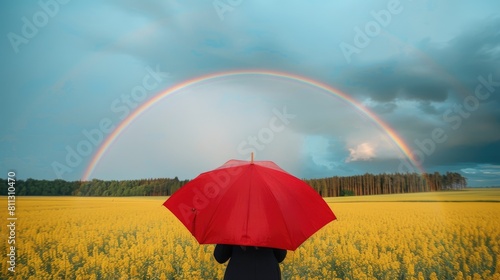 a solitary red umbrella stands amidst a golden rapeseed field  framed by a radiant rainbow against a backdrop of lush forests and a clear blue sky on a sunny summer day.