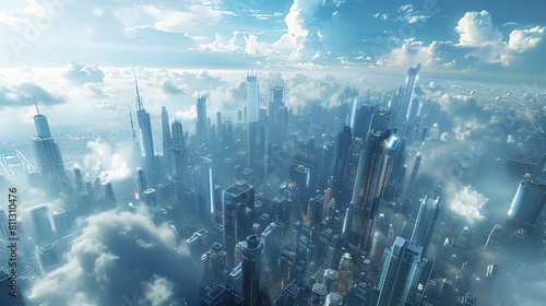 A cityscape with tall buildings and a cloudy sky. The buildings are made of glass and are lit up with orange lights. Scene is futuristic and modern