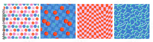 patterns varied flowers square organic shapes fruit 70s 80s seamless pattern