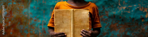 Child holding a book or notebook, International Day of the African Child. ?ultural presentations, diverse community poster, Access to Education concept