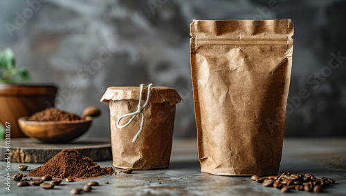 Two brown paper coffee bags with foil or mylar on the front, one large and one small standing upright against a dark grey background. Created with Ai photo